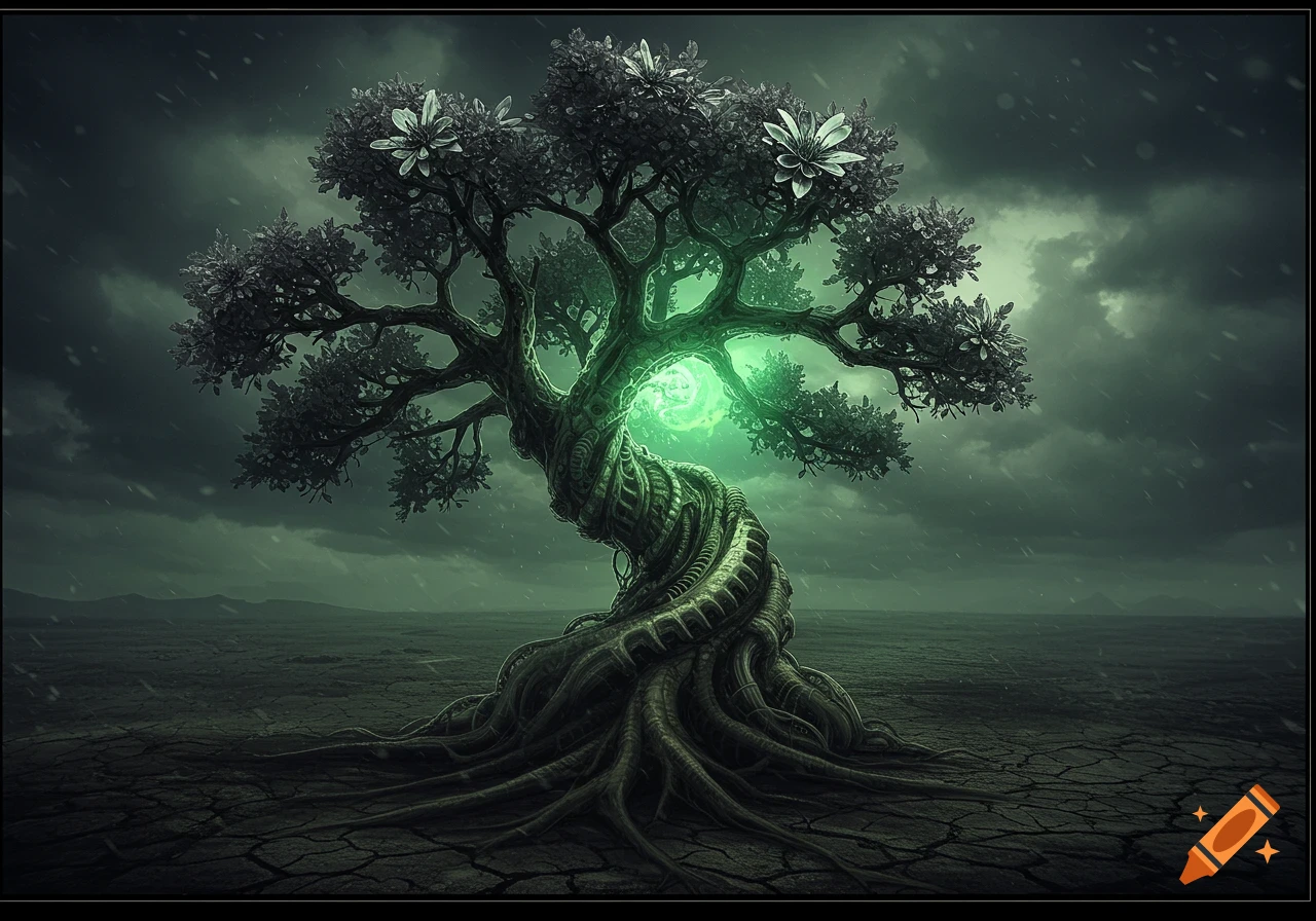 Dark, twisted, biomechanical tree with a glowing green core in a desolate landscape under a stormy sky, in H.R. Giger style.