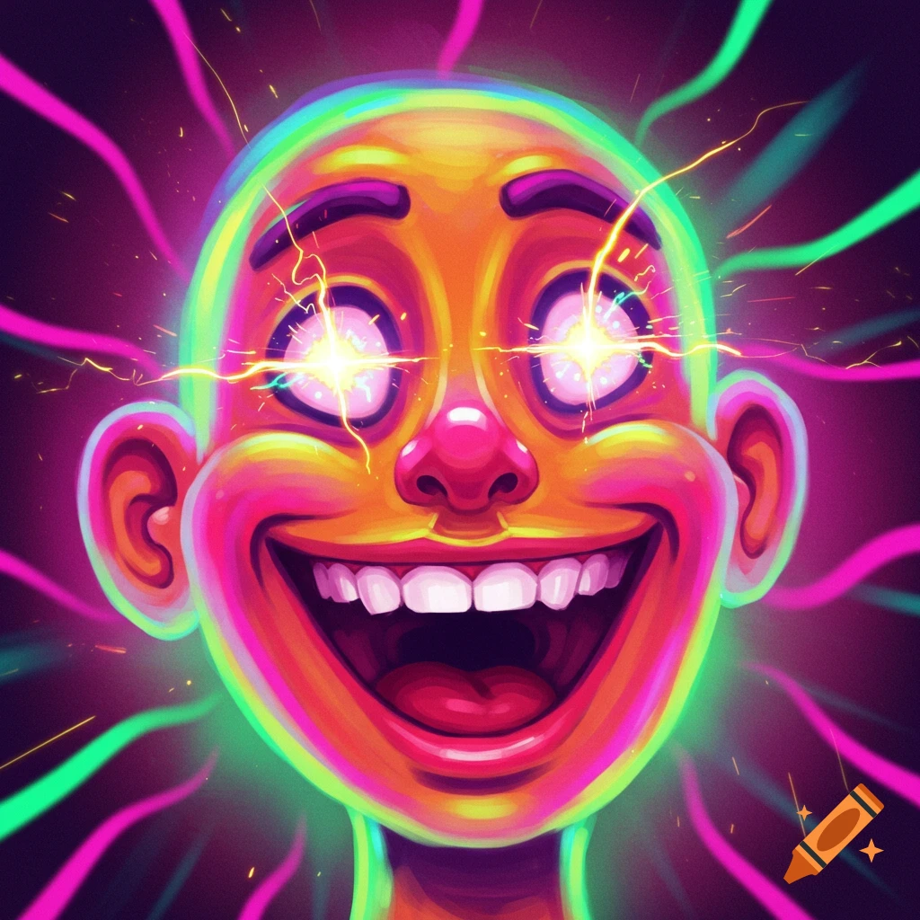 A highly stylized, brightly colored cartoon face with a wide smile and glowing, intense eyes, surrounded by neon pink and green tendrils.