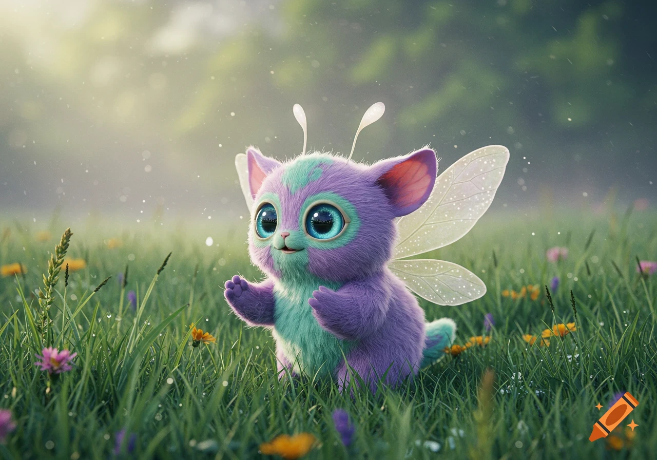 A fluffy, purple and teal fairy-like creature with big blue eyes and small wings sits in a lush green meadow with wildflowers.