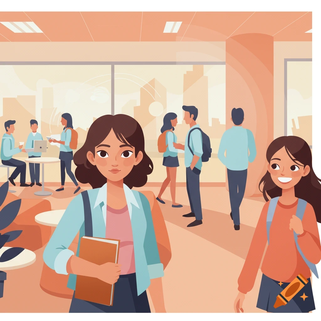 Flat illustration of students in a bright university common area, with a girl holding a book in the foreground.