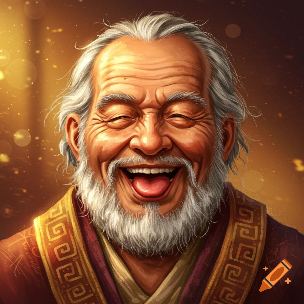 Digital painting of a joyful elderly man with a white beard laughing heartily with closed eyes, tongue out.