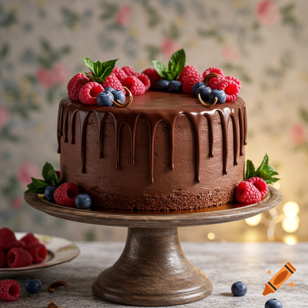 Photorealistic chocolate drip cake with raspberries, blueberries, and mint on a wooden cake stand.