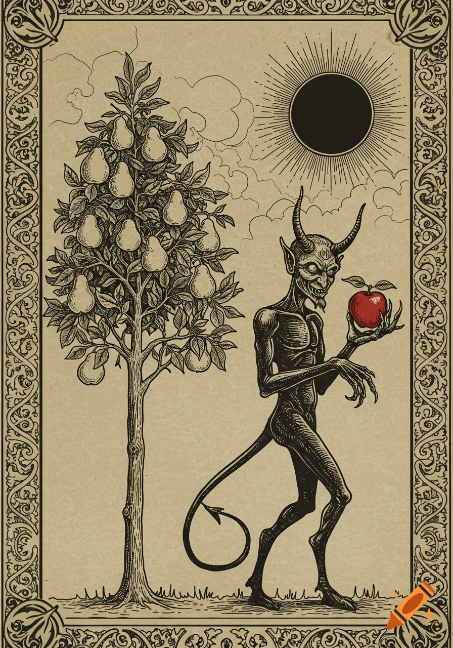 A vintage-style drawing depicts a horned demon holding a red apple, standing next to a pear tree, beneath a black sun.