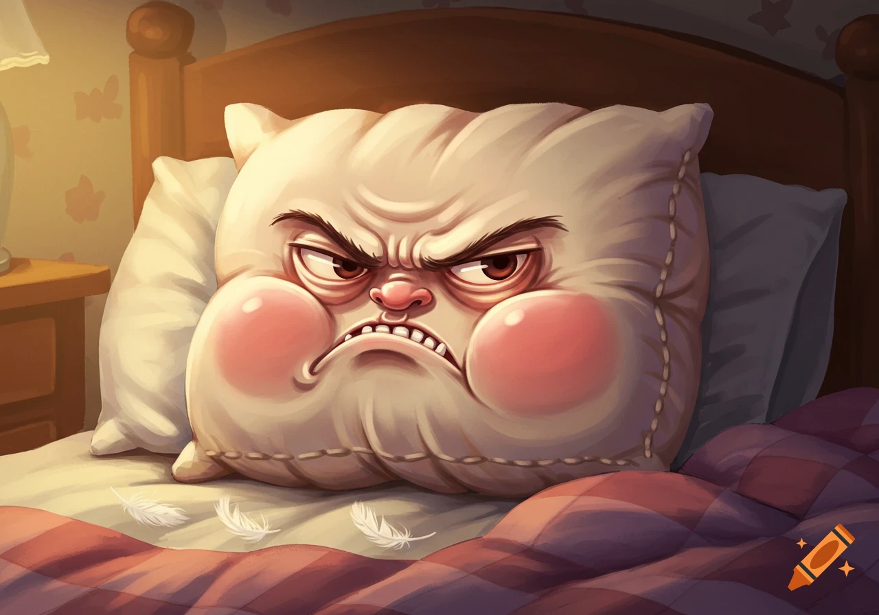 Cartoon illustration of a very angry-looking pillow with a wrinkled face, small eyes, and puffy cheeks, lying in a bed with feathers on the blanket.