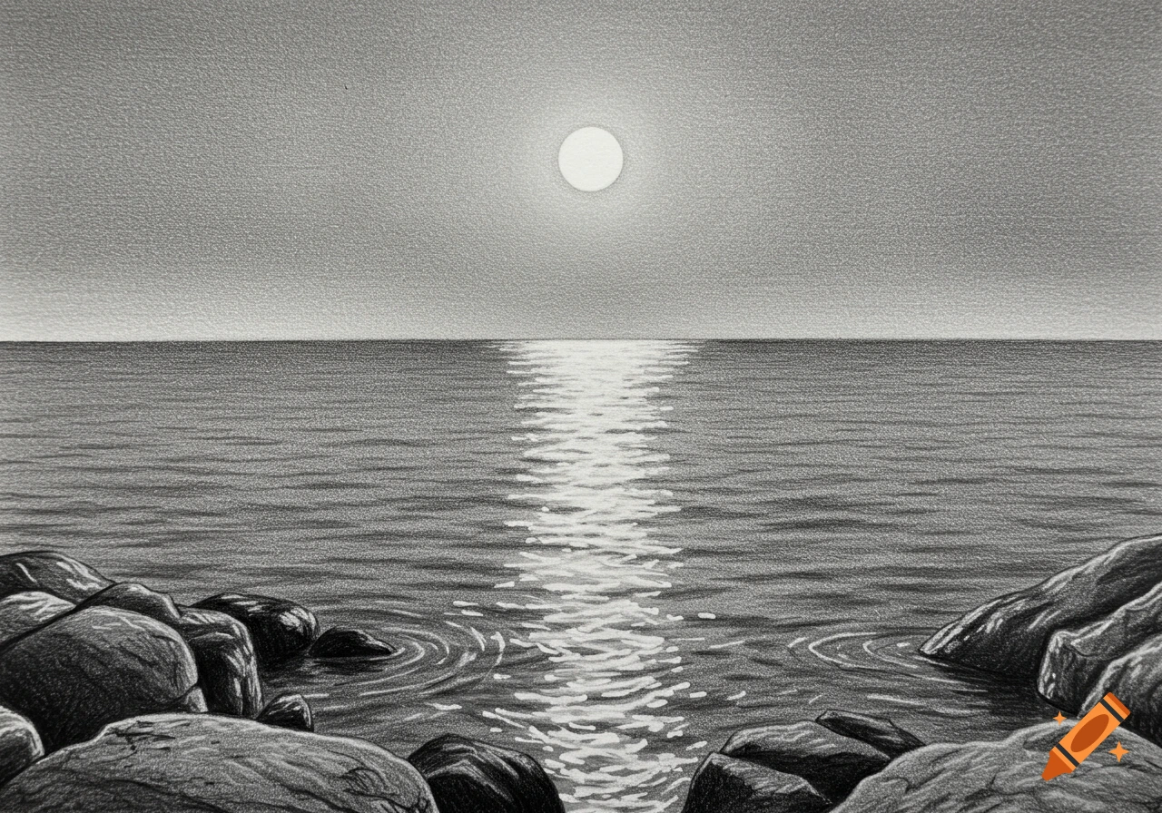 A pencil drawing of a moonlit sea at night with a bright moon reflecting on the water and rocks in the foreground.