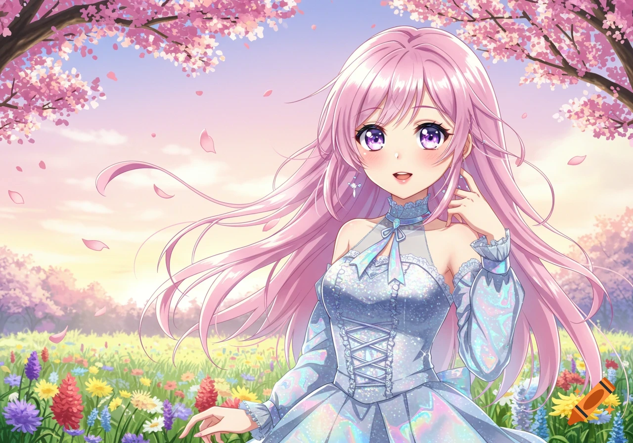 Smiling anime girl with pink hair in a shimmering blue dress amidst pink cherry blossoms and wildflowers.