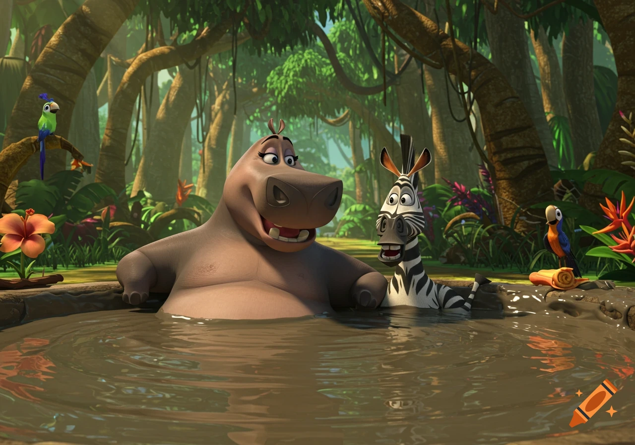 Gloria the hippo and Marty the zebra from Madagascar relaxing in a mud hot tub in a lush jungle, 3D animation.