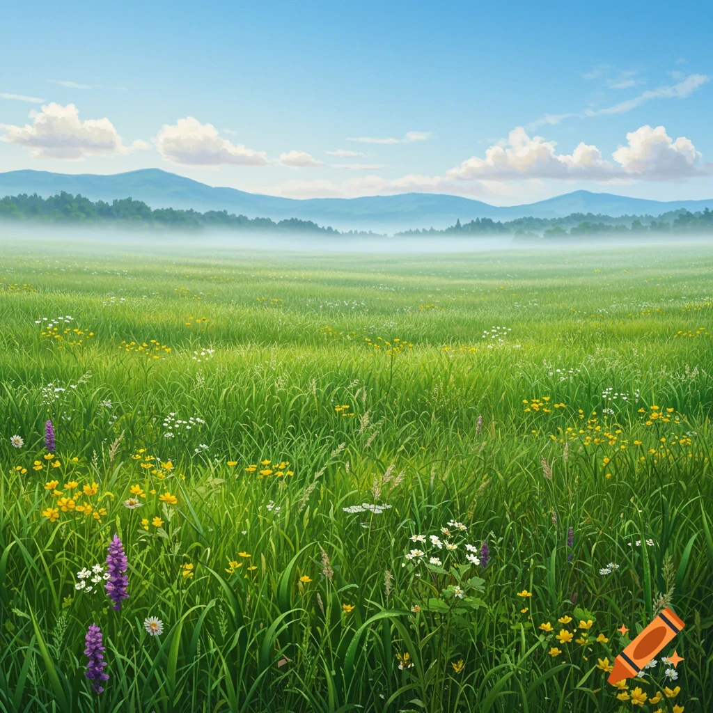 Vast green meadow with colorful wildflowers under a blue sky and distant misty mountains.