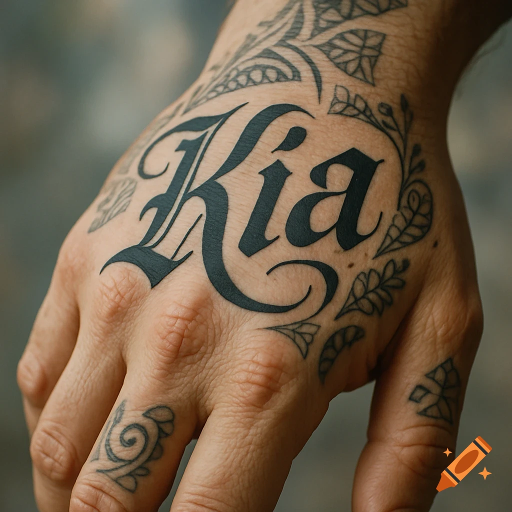 A detailed close-up of a hand with a black tattoo that spells 'Kia' in a stylized font, surrounded by decorative patterns.