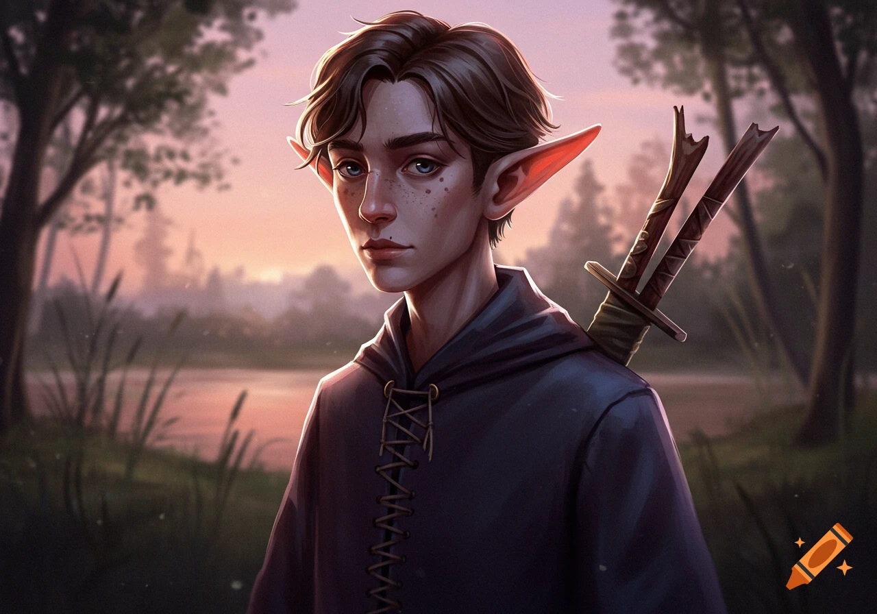 Digital art of a young elf with pointed ears and freckles, wearing a dark hoodie, in a forest by a lake at sunset.