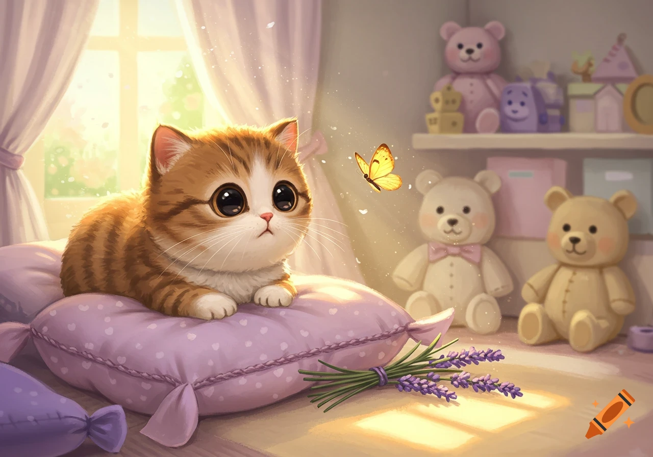 A cute, fluffy orange and white kitten with big eyes on a purple pillow looks at a butterfly in a sunny room with teddy bears.