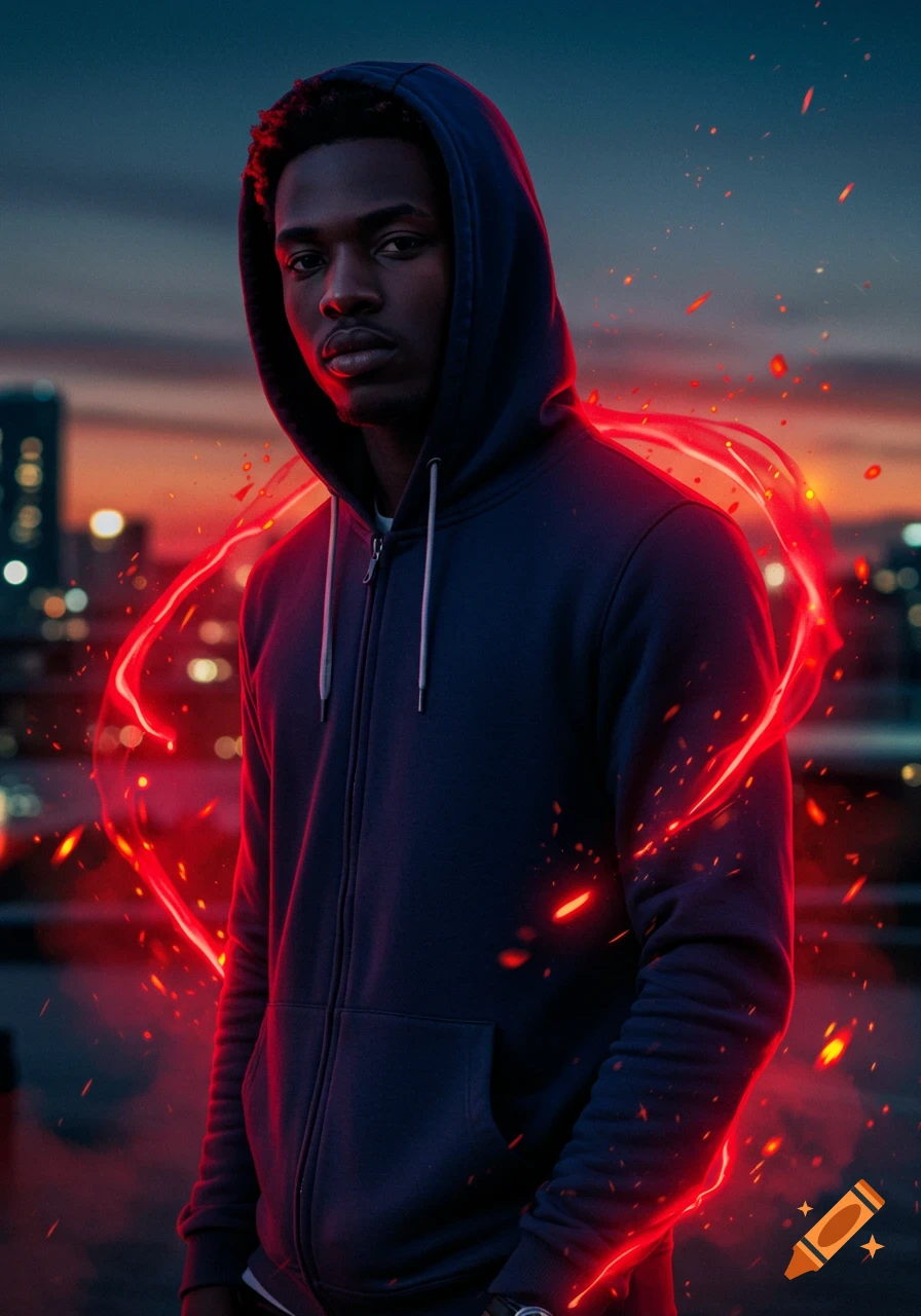 A young Black man in a dark hoodie with a glowing red aura stands against a city skyline at dusk.