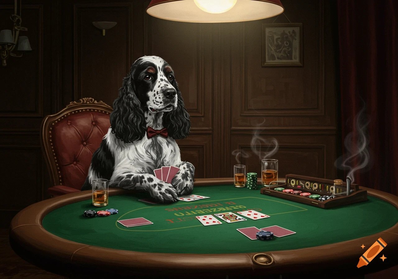 A black and white cocker spaniel in a bow tie plays poker at a dark wood table with chips, cards, and drinks. Detailed art style.