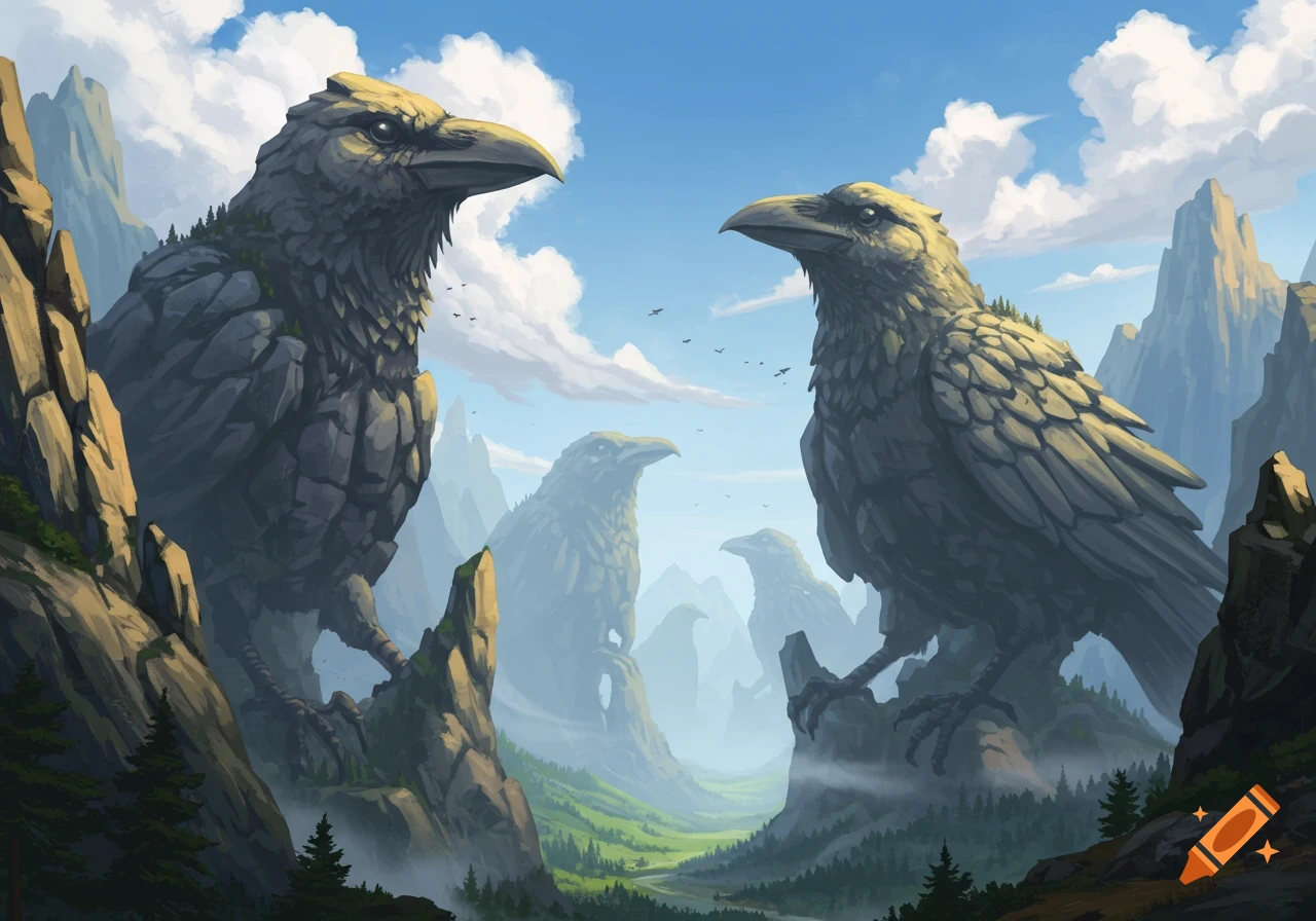 Giant rock crows resembling mountains stand in a vast, misty mountain valley under a blue sky with clouds, in a fantasy art style.