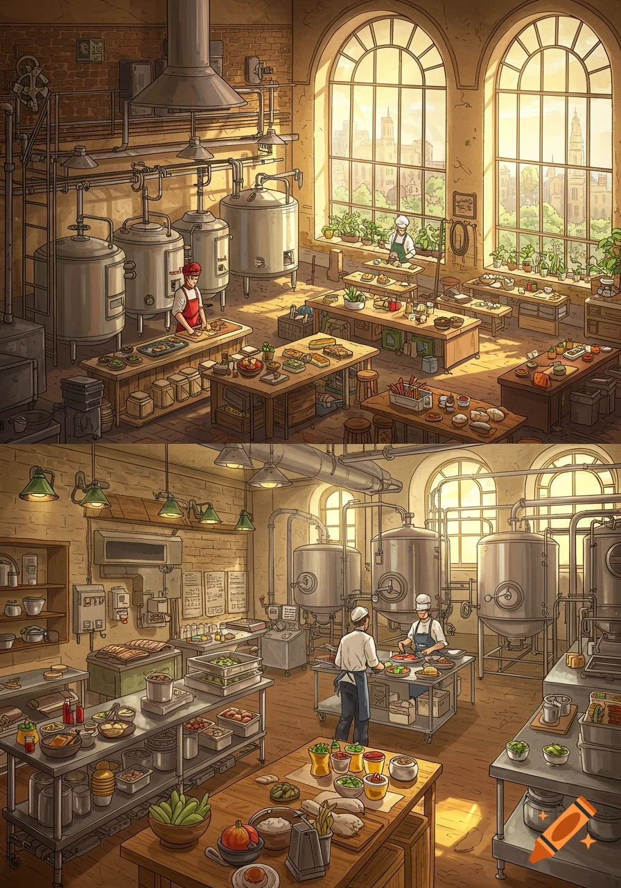 An illustrated isometric view of a large, busy kitchen and brewery with chefs preparing food and large vats.