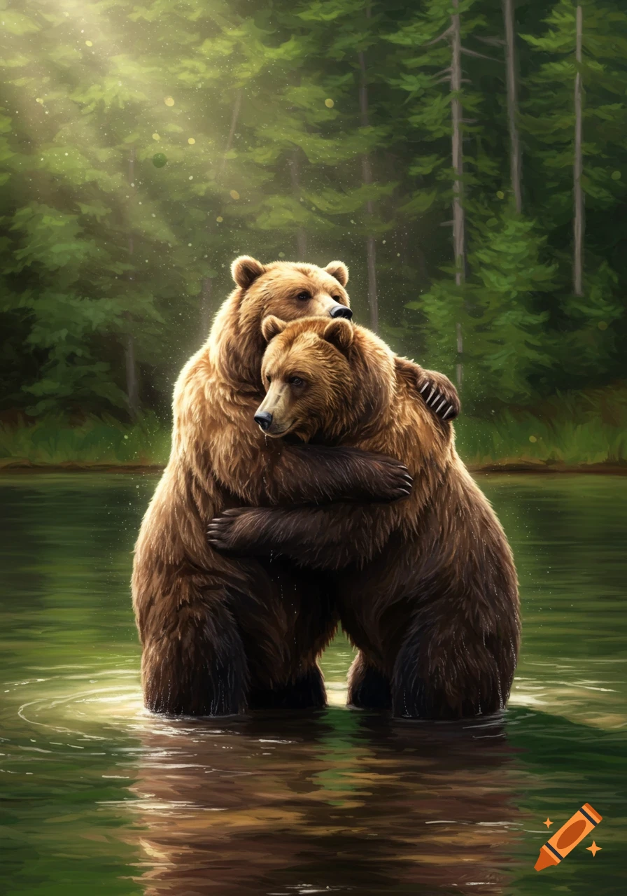 Two brown bears embrace in a hug, standing in shallow water with a lush green forest background, digital illustration.