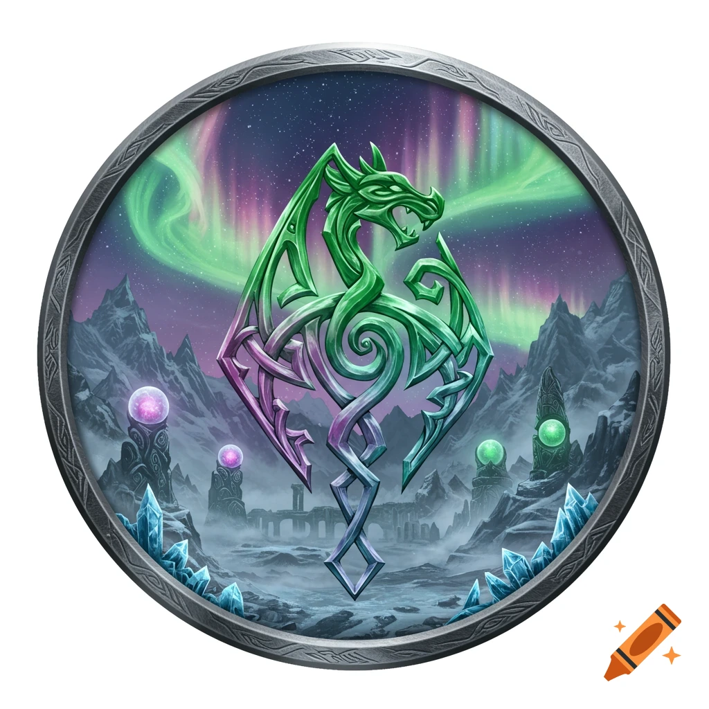 A round icon featuring a green and purple stylized dragon emblem over a snowy mountain landscape with green aurora borealis.