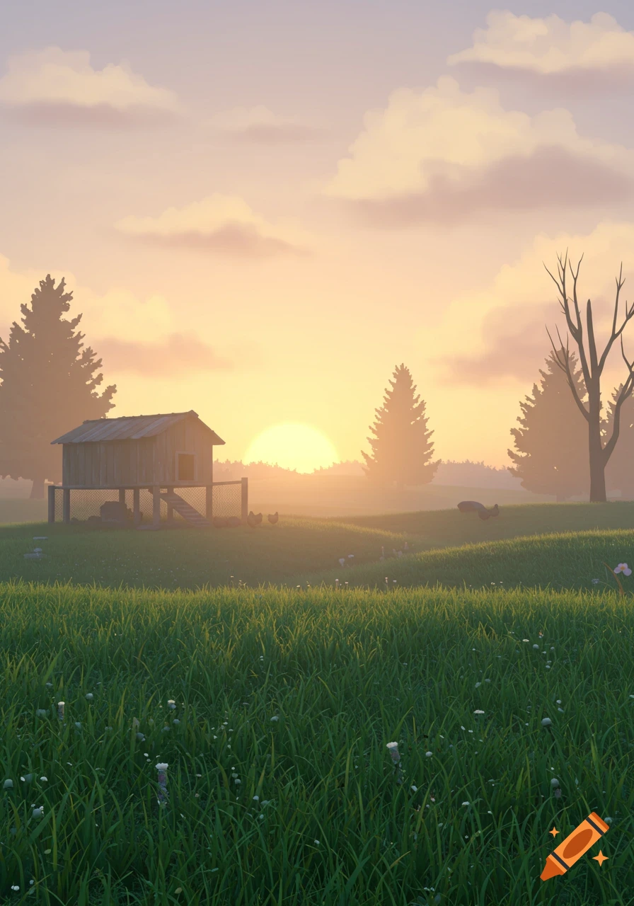 Cartoon-realistic farm at sunrise with a chicken coop in a green grassy field, framed by trees under a warm, cloudy sky.