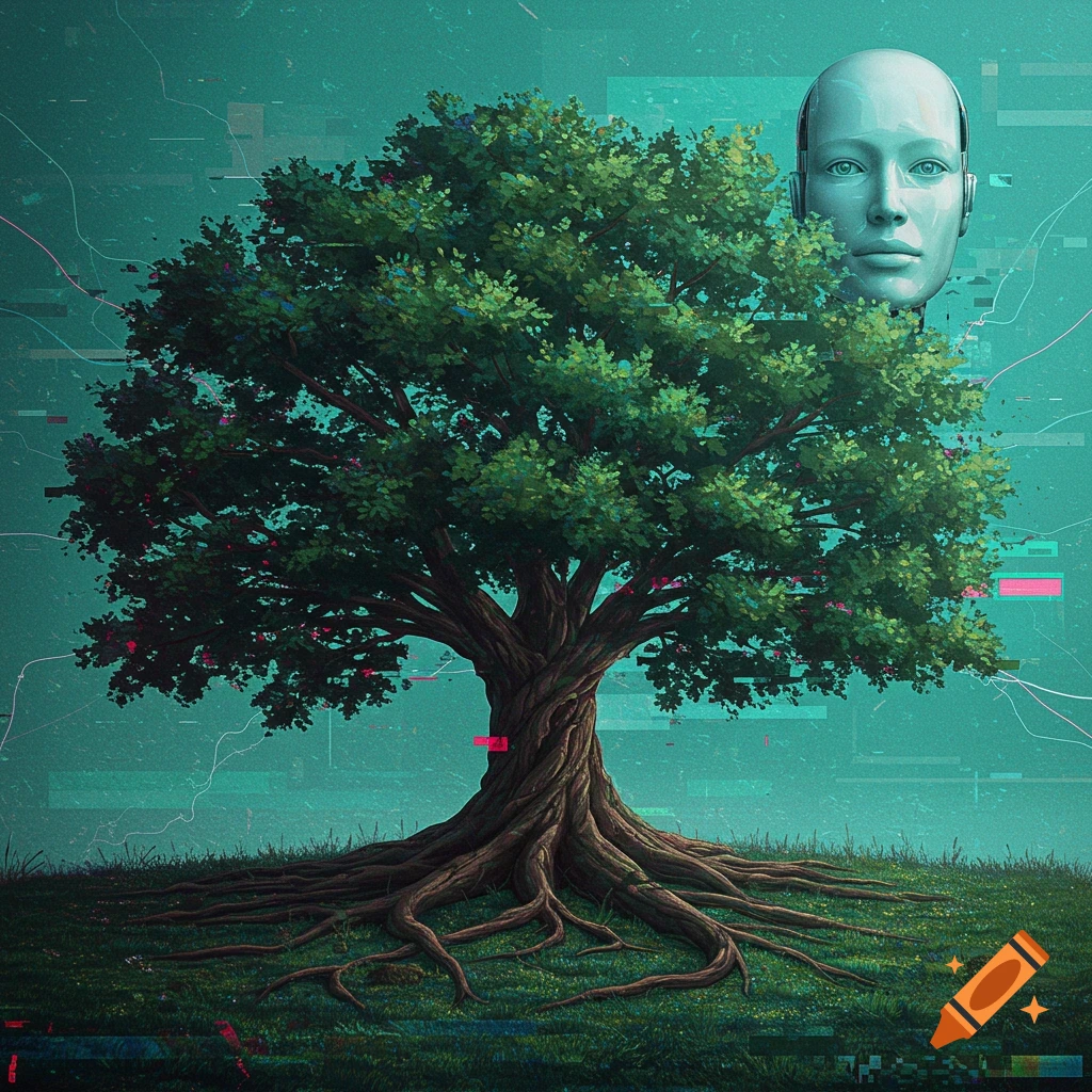 A lush green tree with prominent roots stands on grassy ground against a teal, glitchy background, with a metallic robot face emerging from behind its upper right.