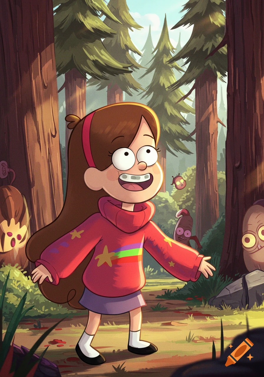 Cartoon illustration of Mabel Pines with braces and a red sweater, standing in a forest with cartoon creatures.