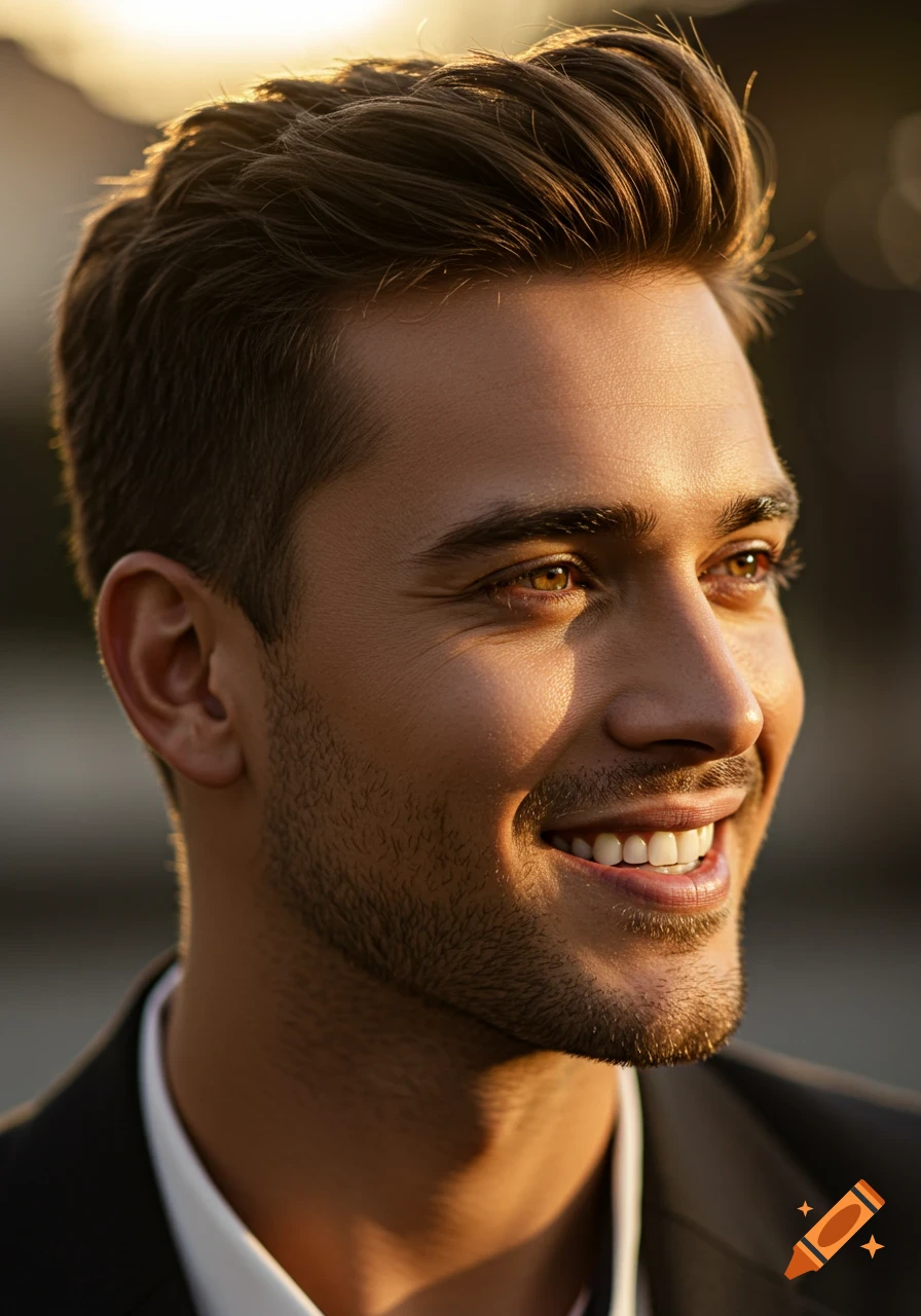 Close-up sunlit portrait of a handsome smiling man with a French crop haircut.