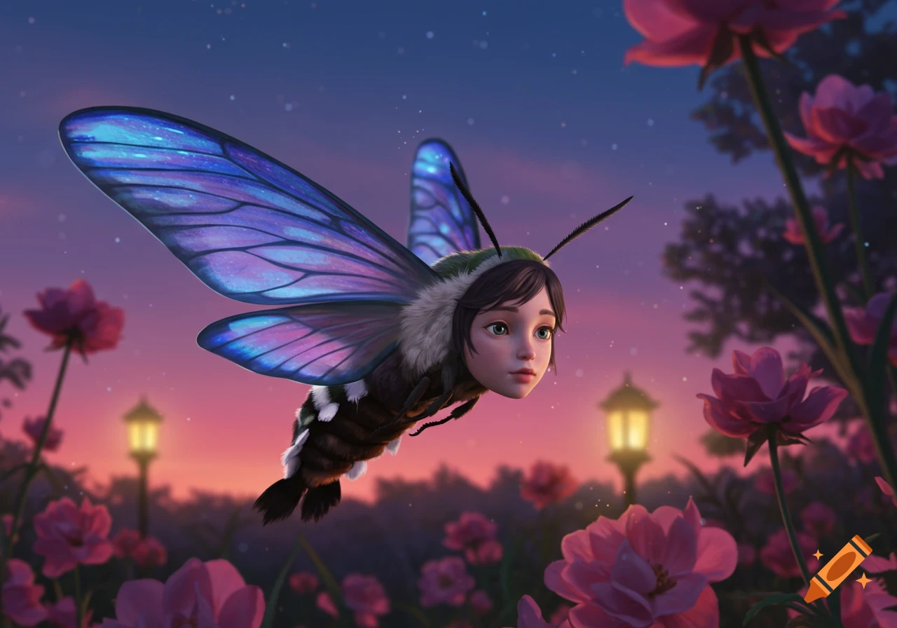 Anime-style human-faced moth with iridescent wings flying through a mystical rose garden at twilight.