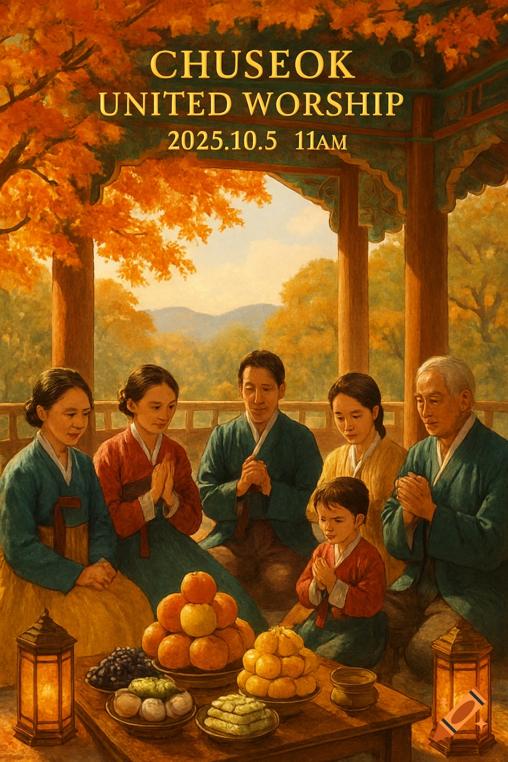 A multi-generational Korean family in traditional hanbok worshiping under an autumn pavilion, with a table of offerings. Text: CHUSEOK UNITED WORSHIP 2025.10.5 11AM.