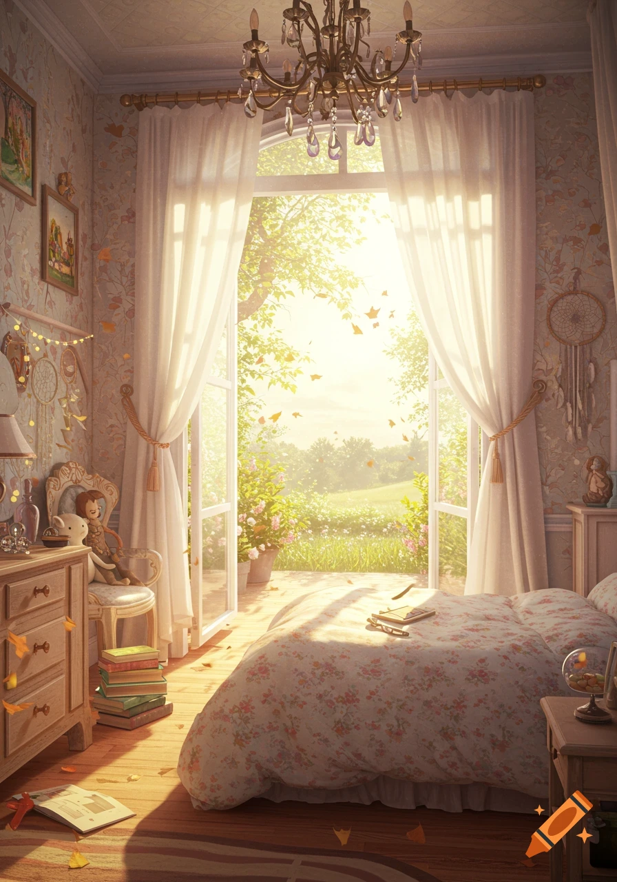 A cozy bedroom with a floral bed, chandelier, and open windows looking out onto a sunlit garden with falling leaves.