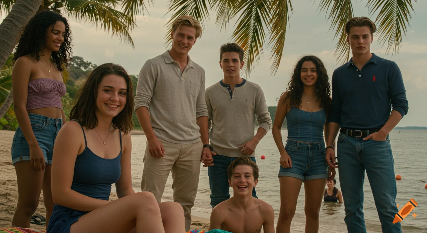 A group of smiling teenagers posing for a photo on a sunny beach with palm trees and water in the background.