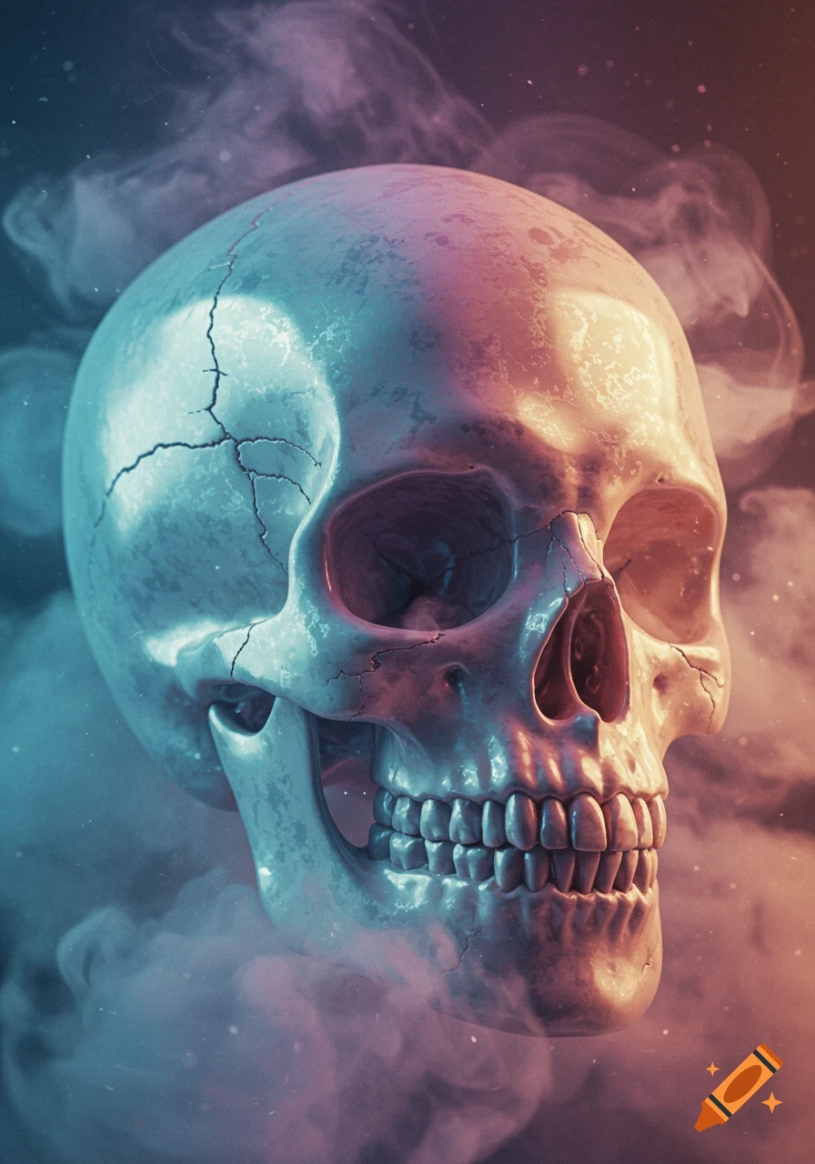 A detailed human skull bathed in ethereal blue and orange light, surrounded by wisps of smoke.