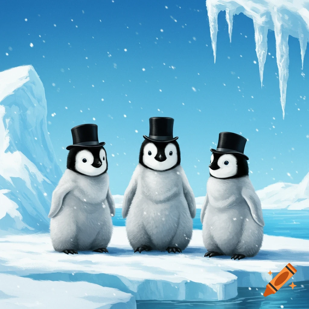 Three cute baby penguins wearing black top hats stand on an ice floe in a snowy arctic landscape with icebergs.