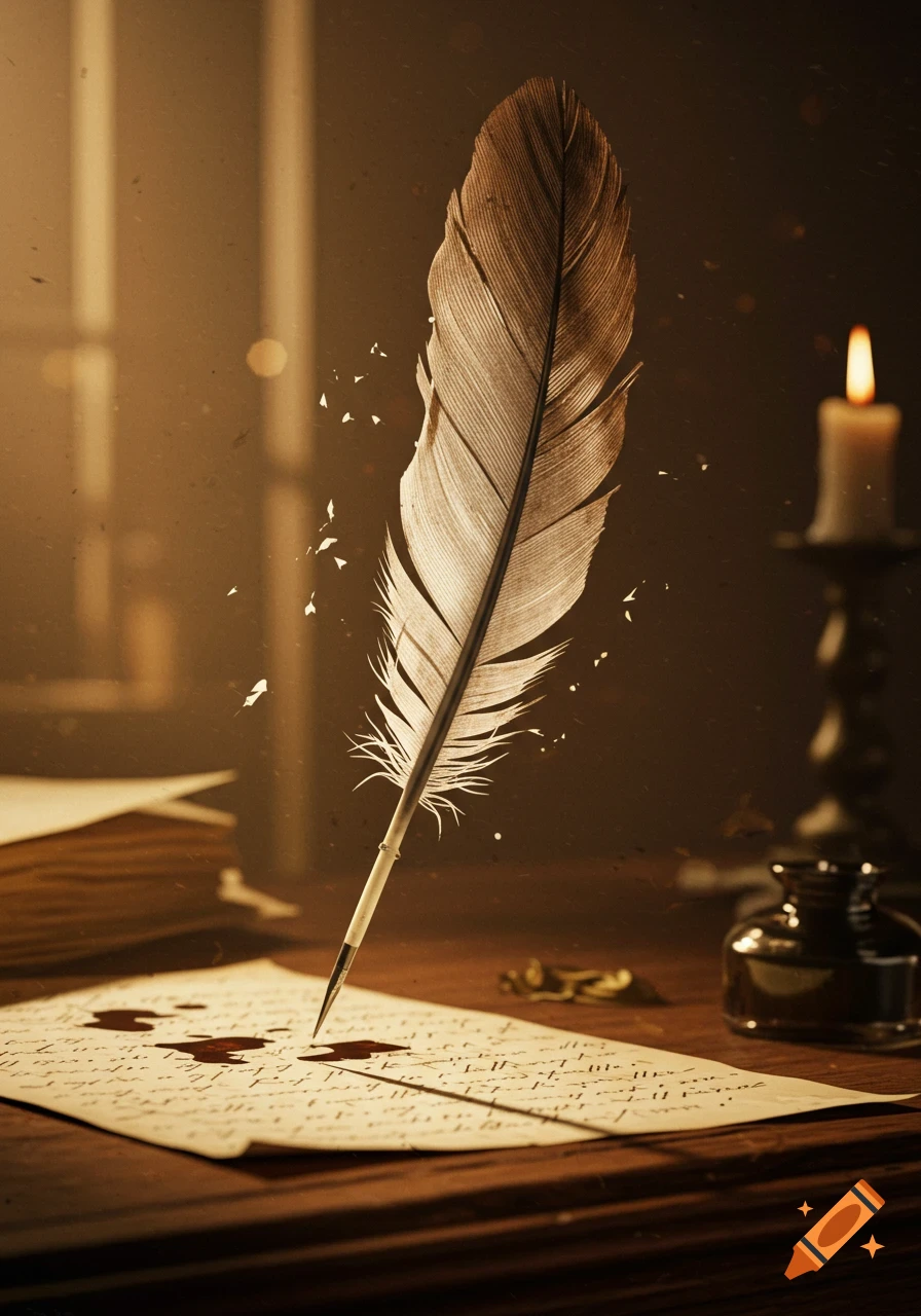 A close-up of a quill pen dripping ink onto aged paper with an ink blot, an inkwell, and a lit candle on a wooden desk.