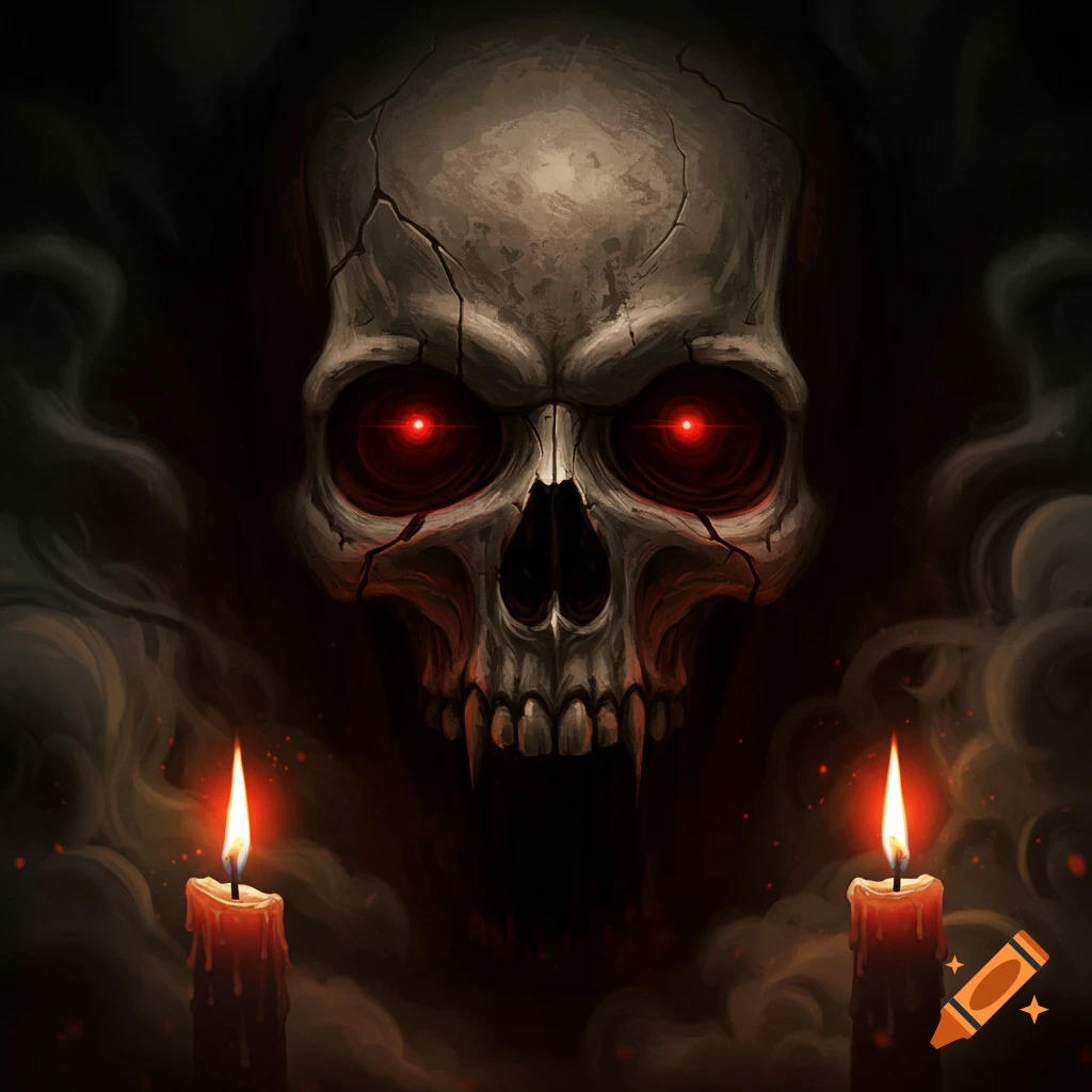 A dark fantasy illustration of a cracked skull with glowing red eyes and fangs, emerging from smoke, with two lit candles.