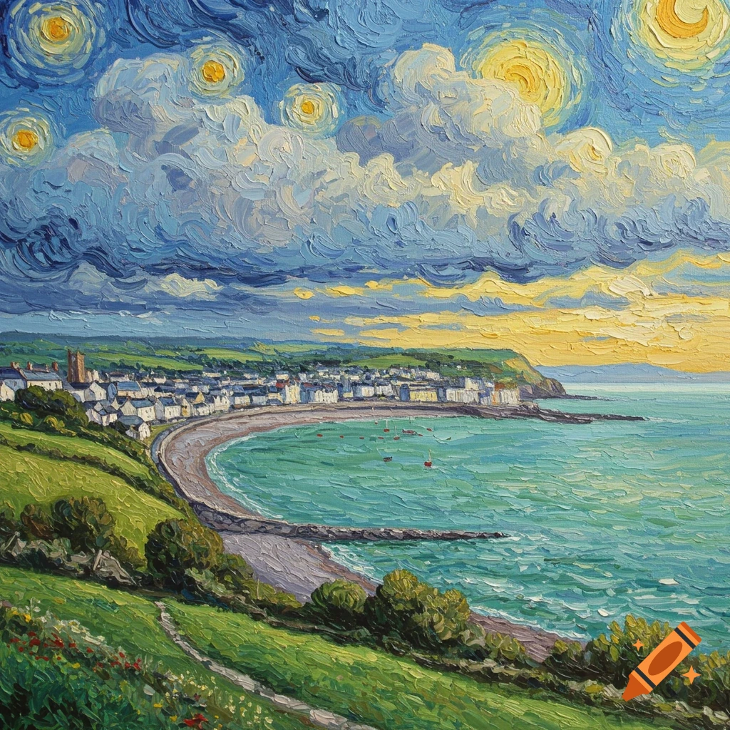 Textured painting of a coastal town with a wide beach and turquoise sea under a dramatic Van Gogh-style sky.