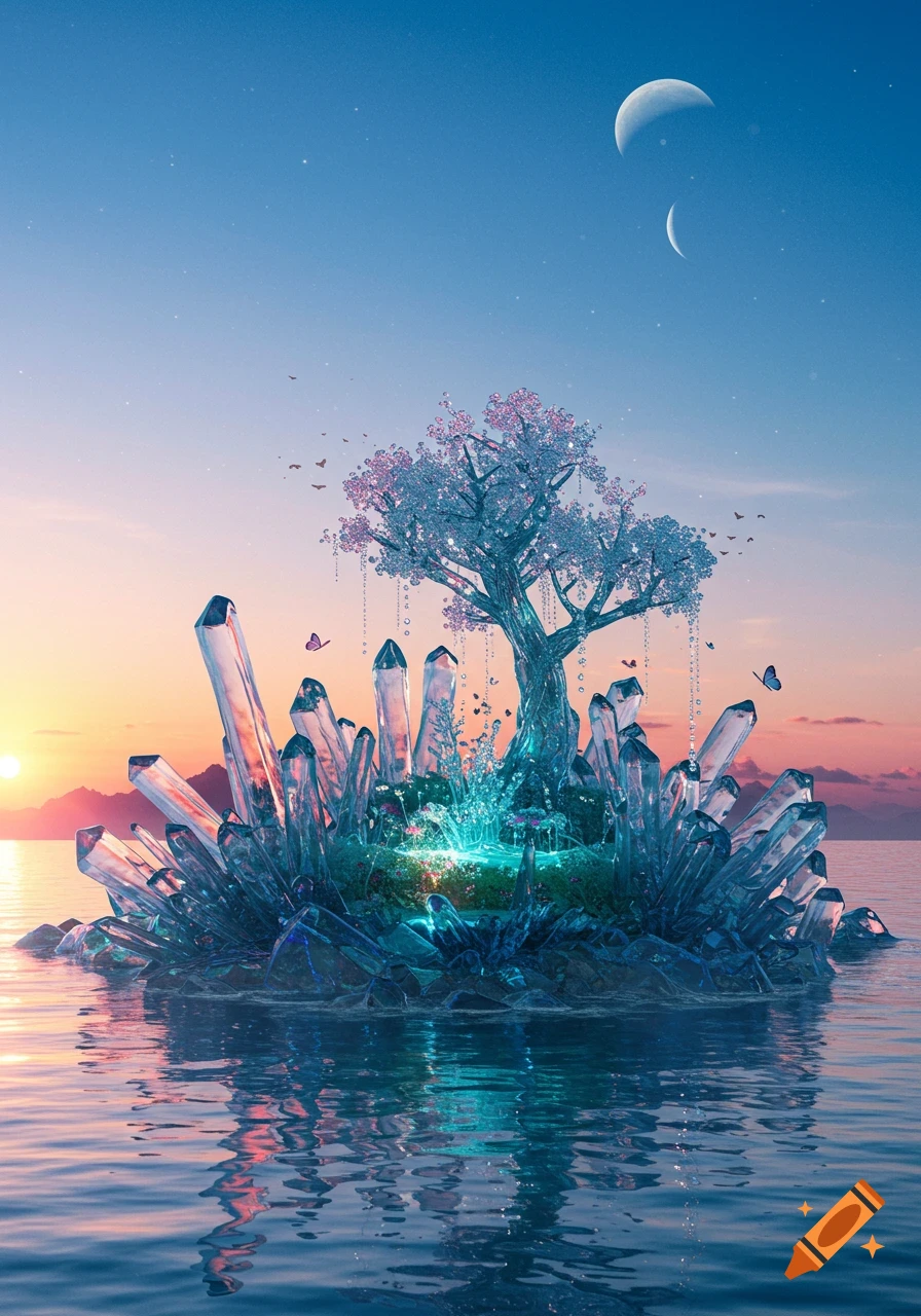A magical island made of shimmering crystals and a glowing tree, floating on a calm ocean at sunset under two moons.