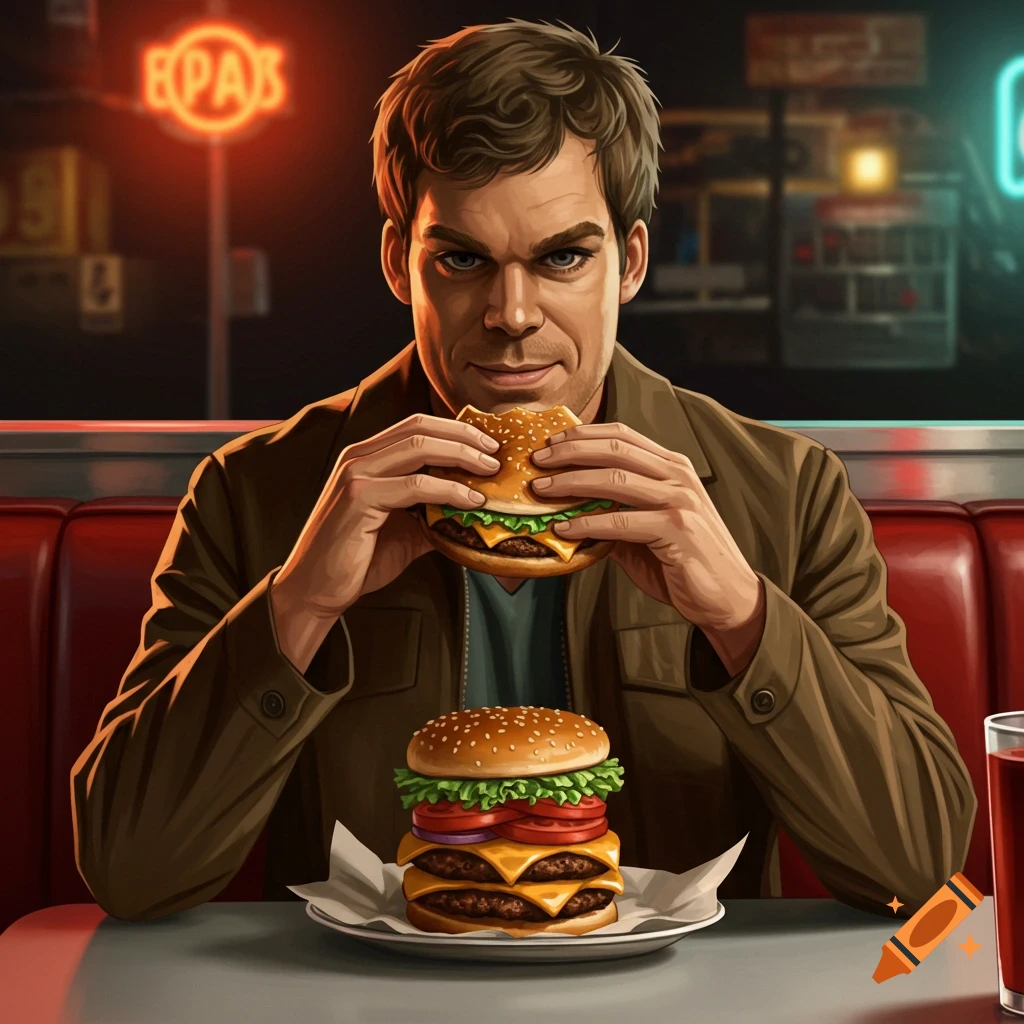 Stylized depiction of Dexter Morgan in a diner, holding a cheeseburger, with another double cheeseburger on the table.