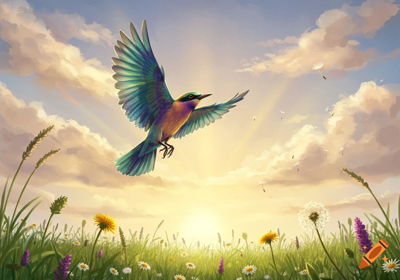 A vibrant bird with teal and purple wings soars over a green meadow of wildflowers under a cloudy sky with a brilliant sunset.