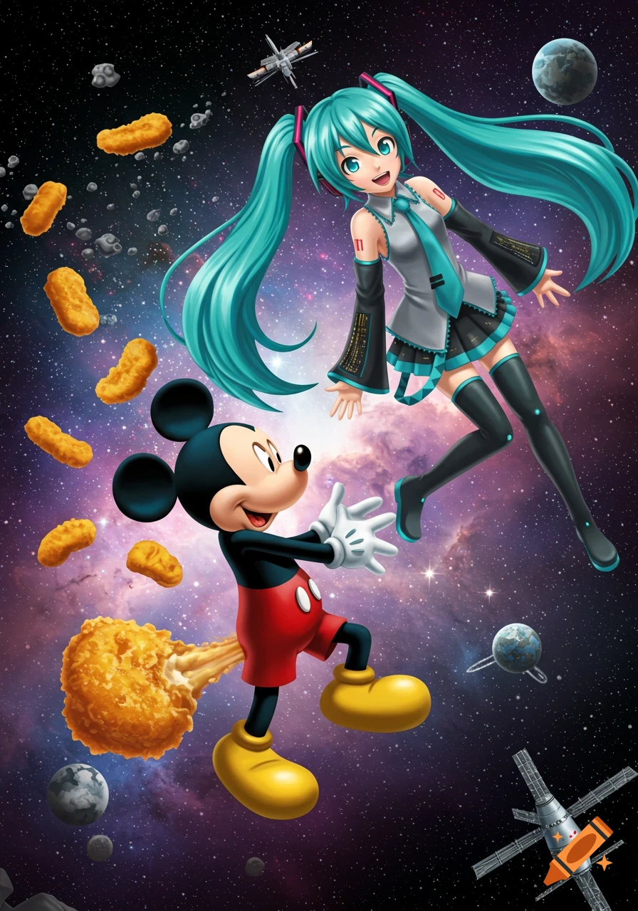 Mickey Mouse farting chicken nuggets in space with Hatsune Miku floating nearby.