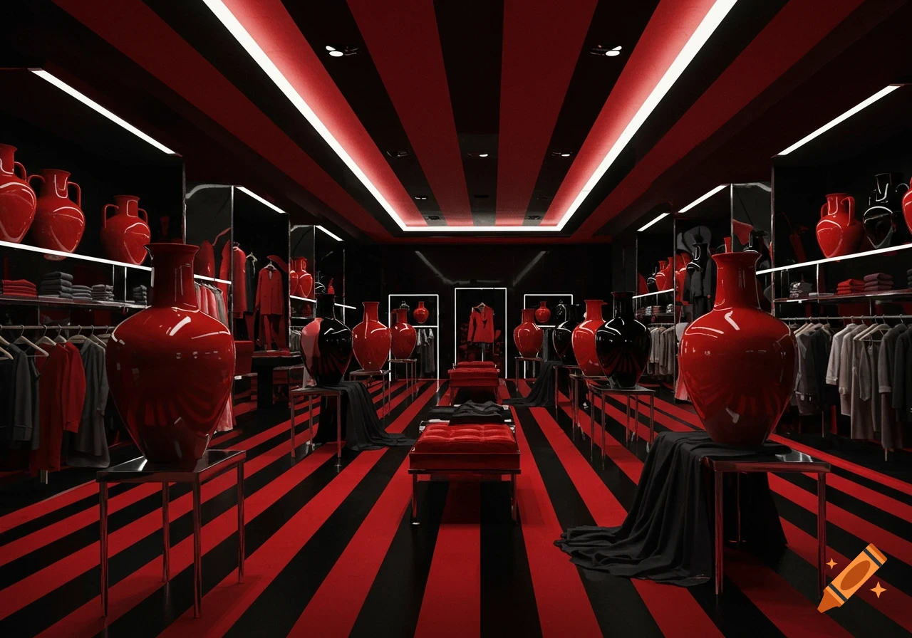 A stylish clothing store with red and black striped floor and ceiling, featuring large red and black vases, clothing racks, and red benches.