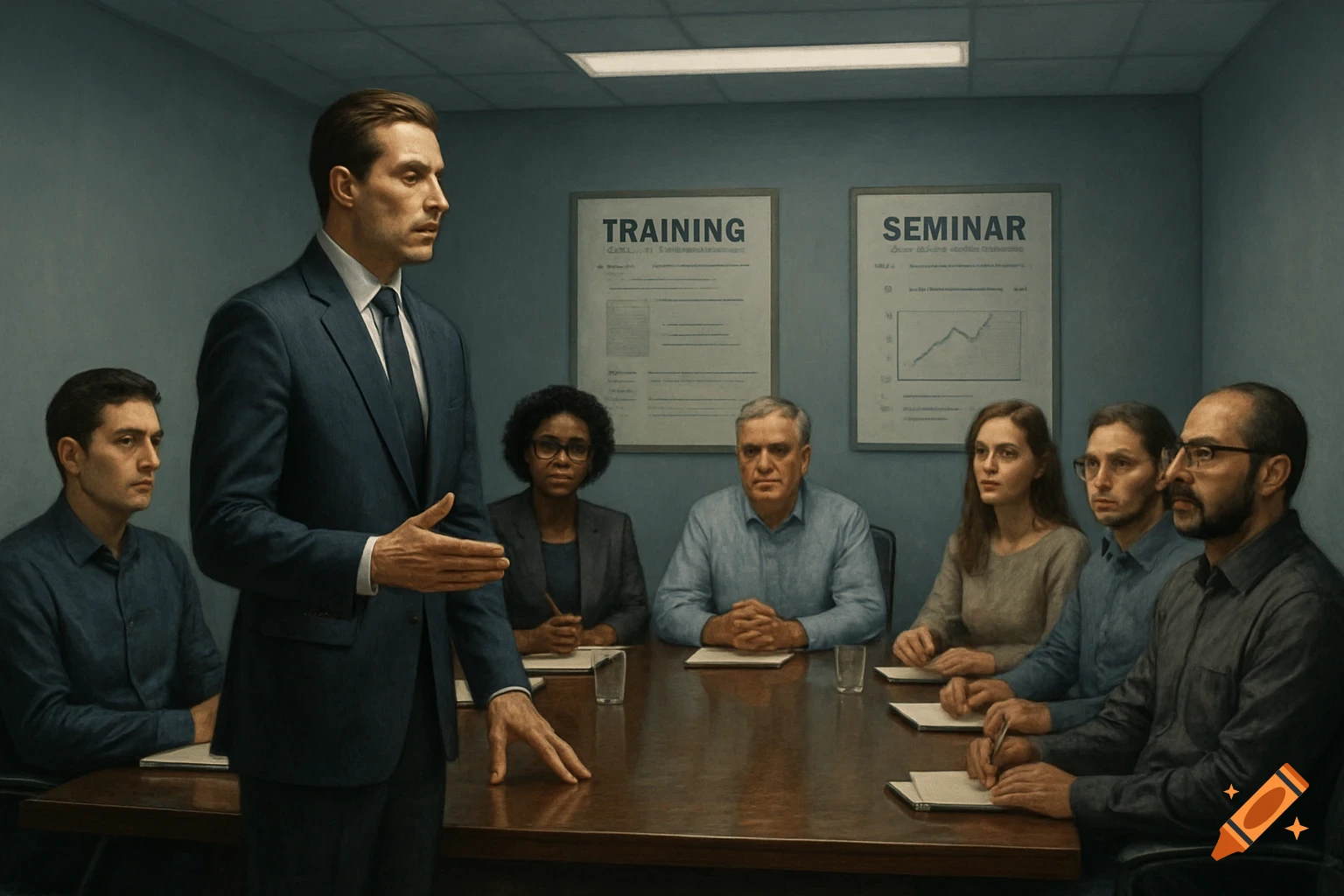 A man in a suit speaks to diverse, attentive people seated around a conference table in a serious seminar setting, with posters on the wall.