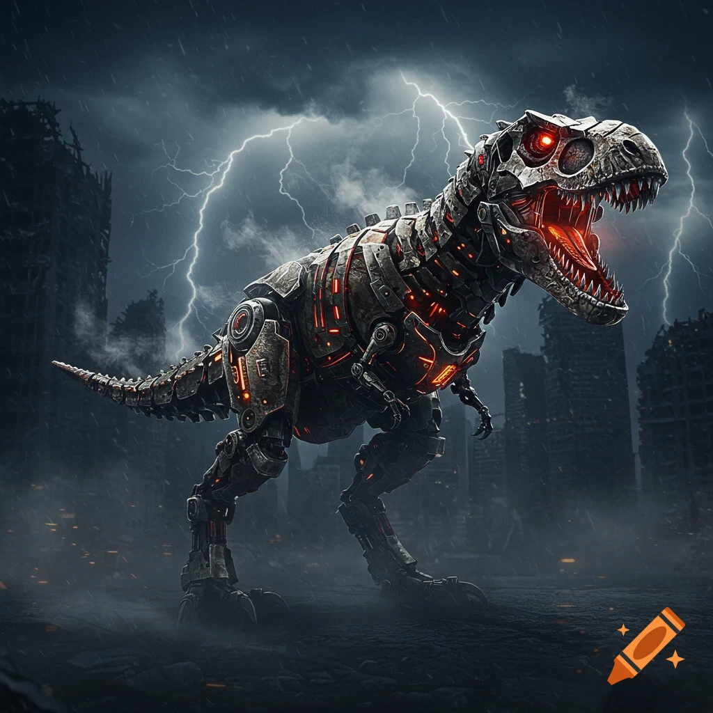 A dramatic, detailed image of a robotic T-Rex with glowing red eyes and mouth, standing in a destroyed city under a stormy sky with lightning.