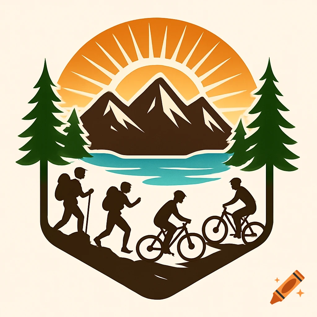 Stylized logo featuring mountains, a lake, pine trees, and silhouettes of hikers and cyclists under a sun.