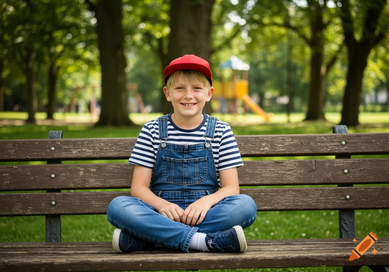 A smiling boy in a red cap and denim overalls sits cross-legged on a park bench, looking at the camera. Photorealistic style.