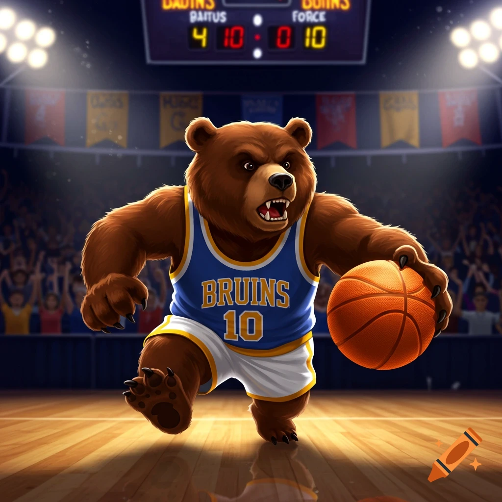 A cartoon bear in a blue and gold "BRUINS 10" basketball jersey dribbles a ball on a court under stadium lights.