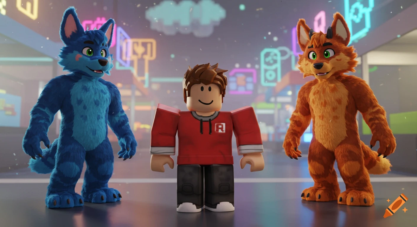 A Roblox character stands between a blue furry and an orange furry in a vibrant, futuristic 3D animated setting.