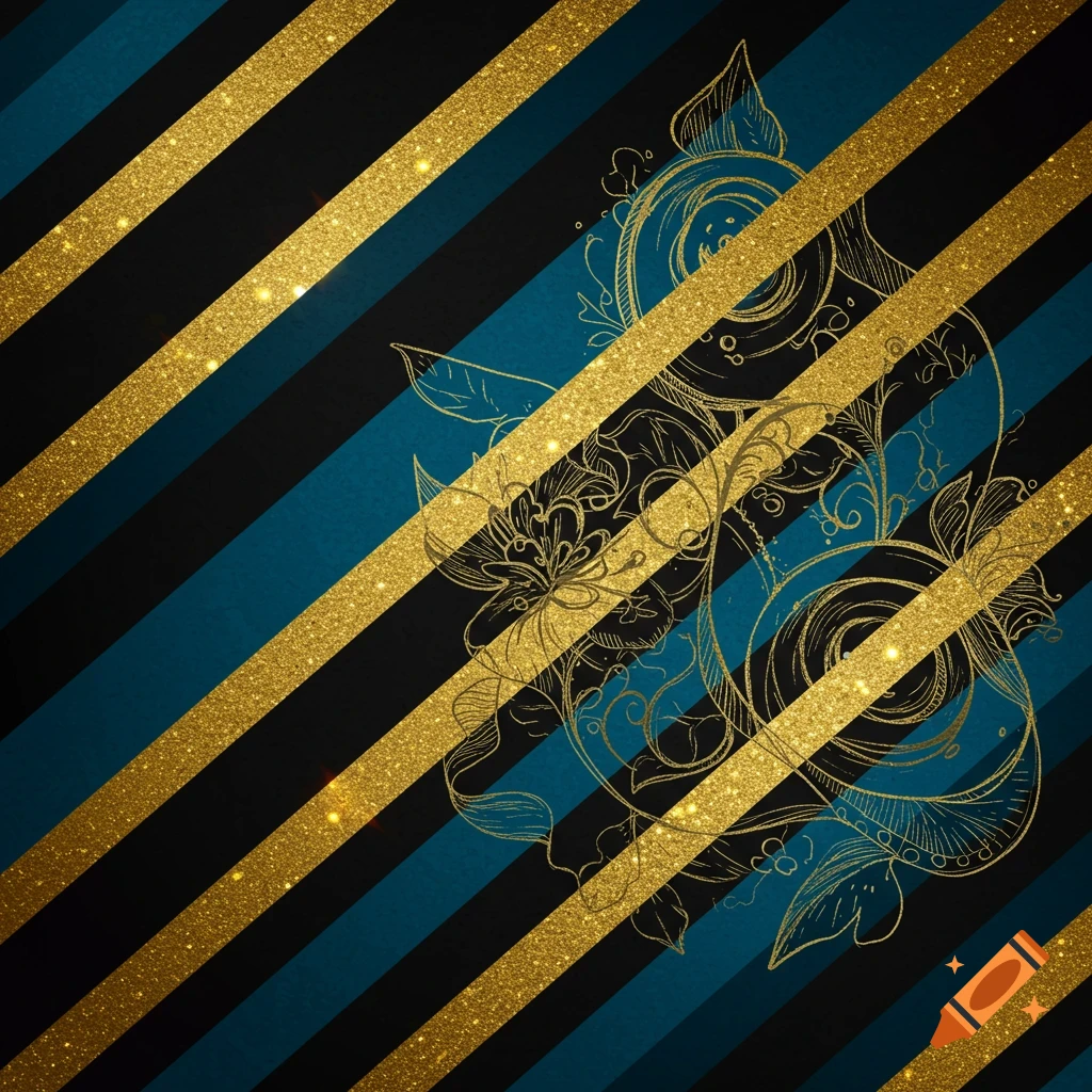 A background with diagonal glittery gold, black, and teal stripes, overlaid with a delicate gold outline drawing.