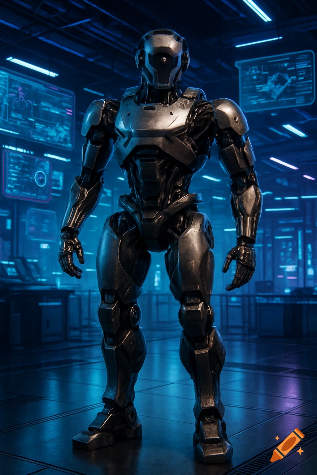 A metallic silver and black robot stands in a dark, futuristic control room with blue-lit screens.