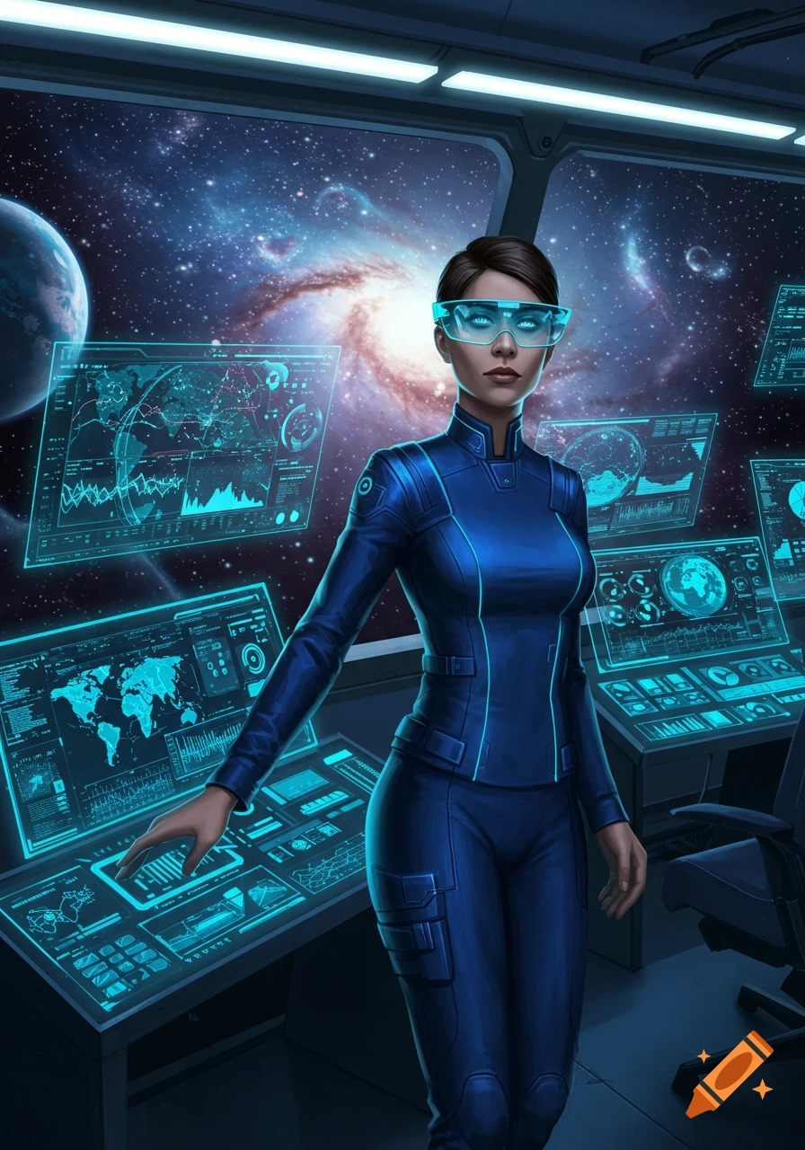 A female sci-fi manager in a blue suit and futuristic goggles stands in a spaceship cockpit, surrounded by glowing holographic screens.