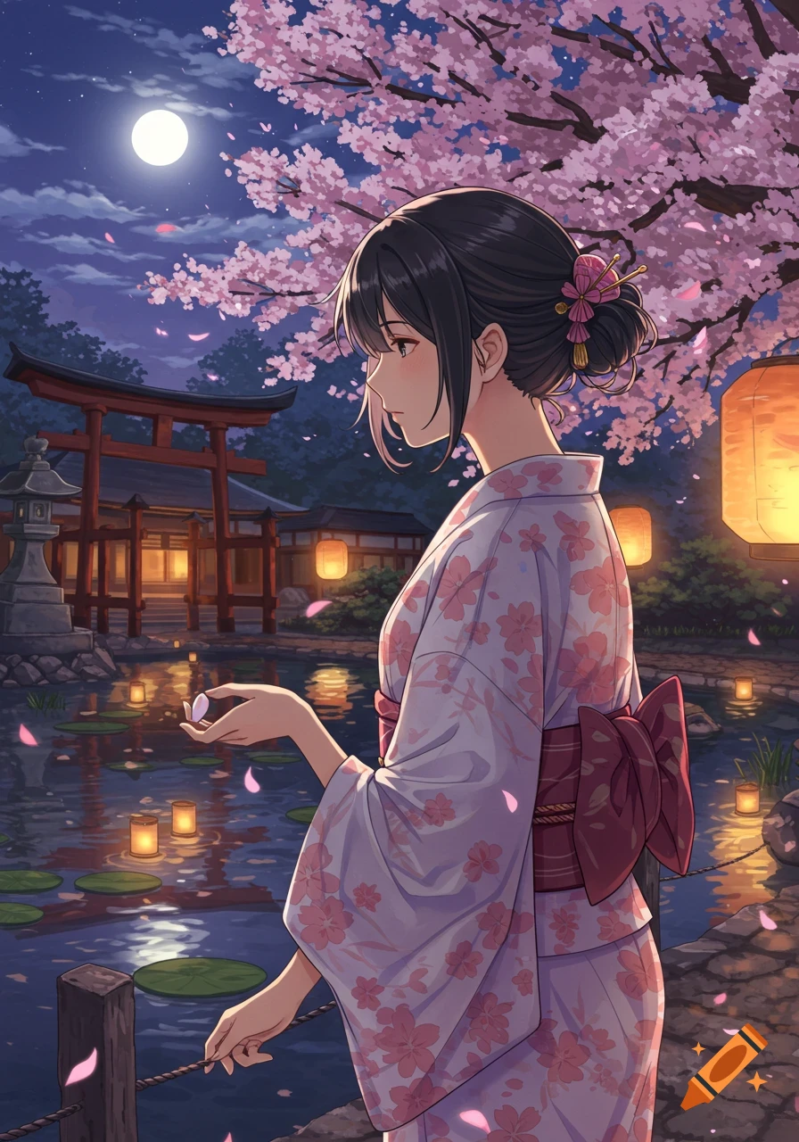 Anime girl in a yukata stands by a moonlit pond with floating lanterns and falling cherry blossoms, near a Japanese shrine.
