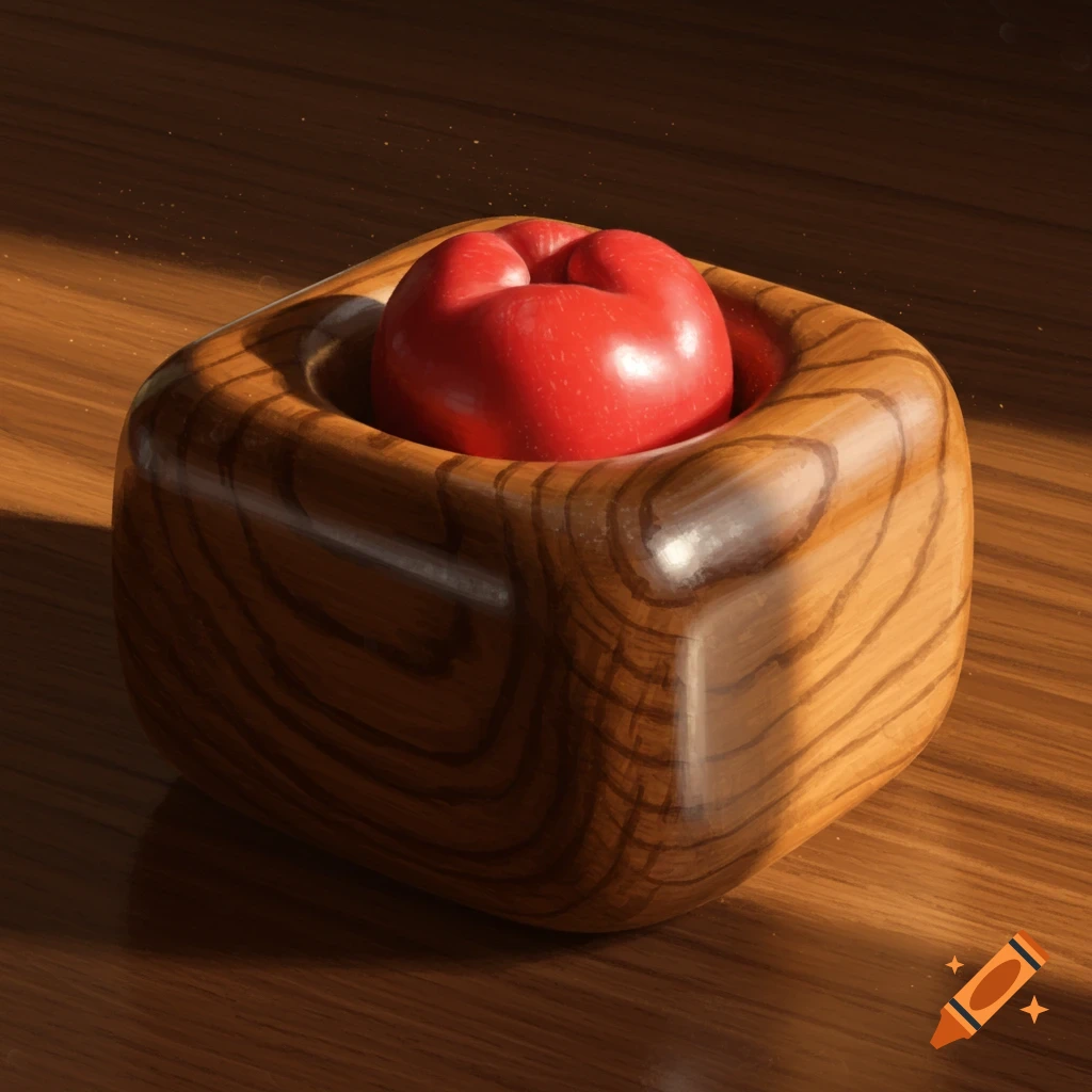 A vibrant red apple rests in a square-shaped wooden bowl on a polished wooden table, illuminated by warm sunlight.